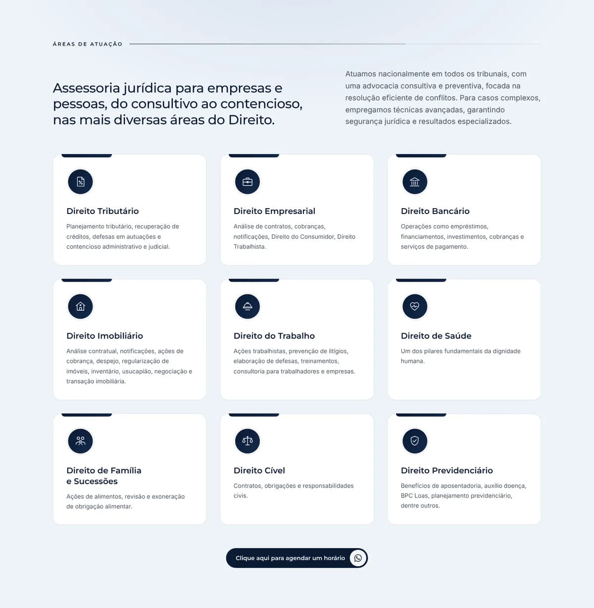 Depois: seção de áreas no site novo, nove cartões brancos com ícone próprio